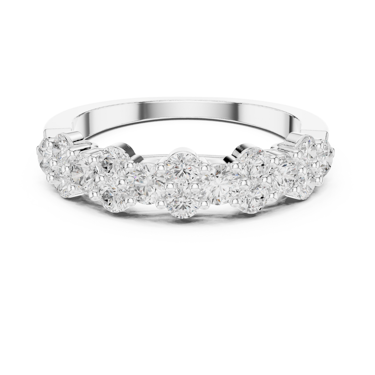 Alternating cluster and round half band white gold detail view