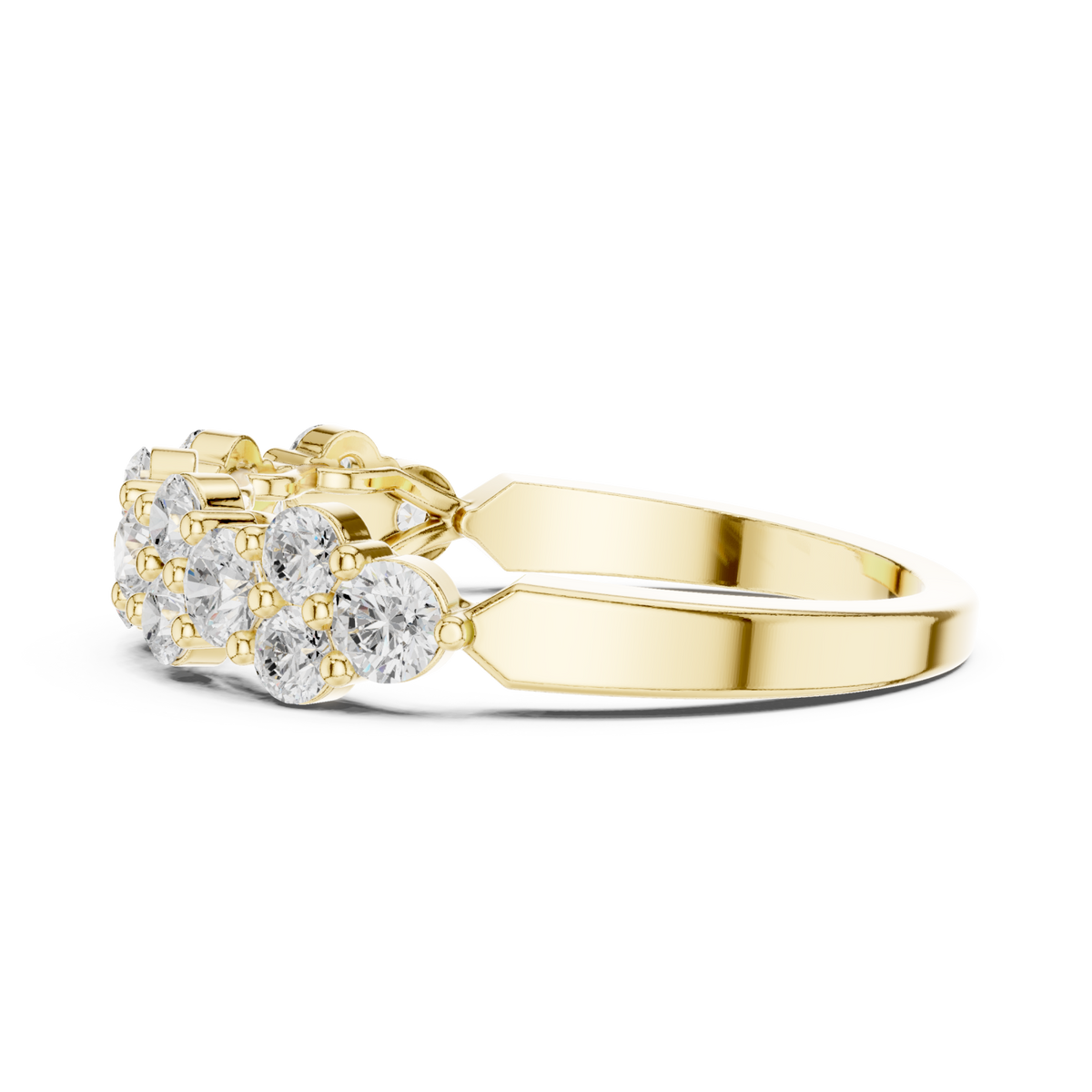 Alternating cluster and round half band yellow gold angle view