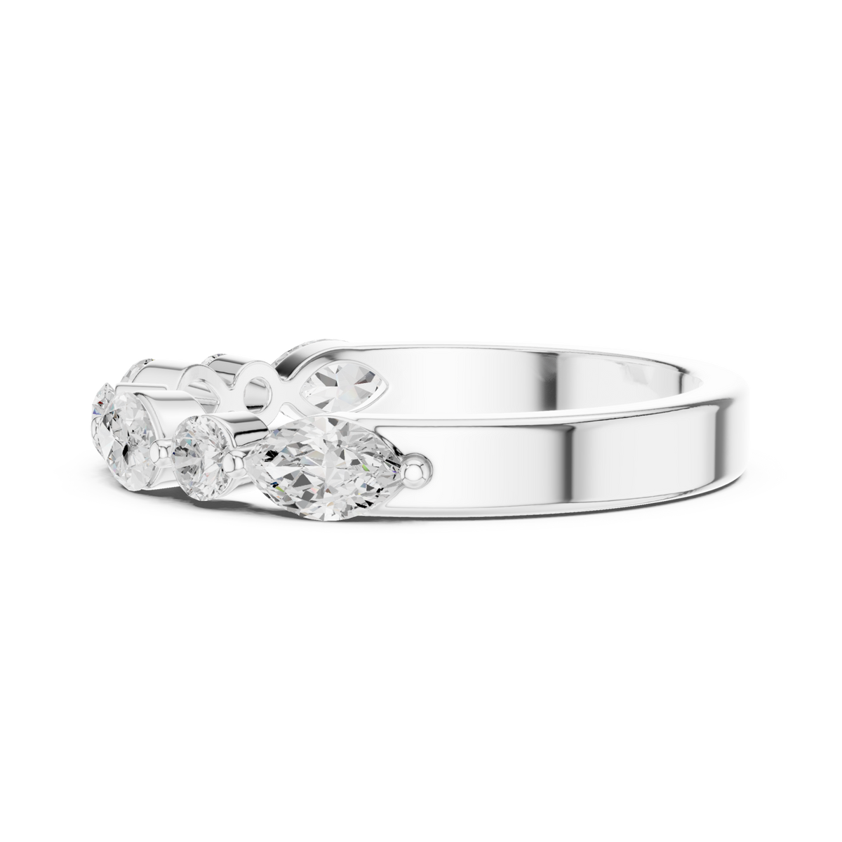 Alternating marquise and round east-west band white gold angle view