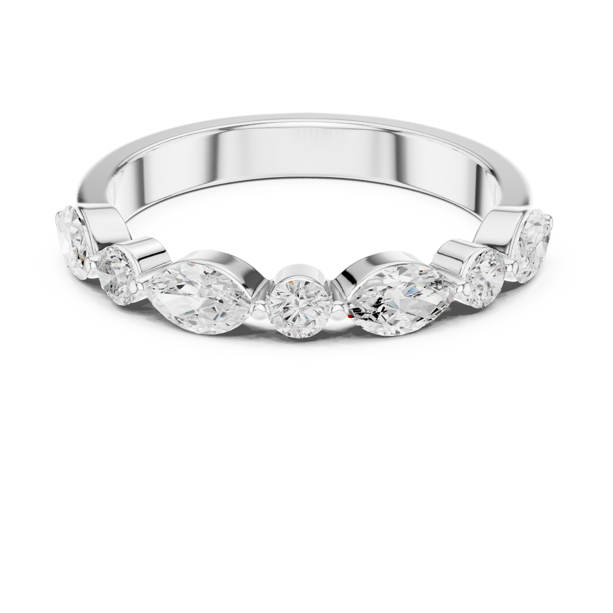 Alternating marquise and round east-west band white gold detail view