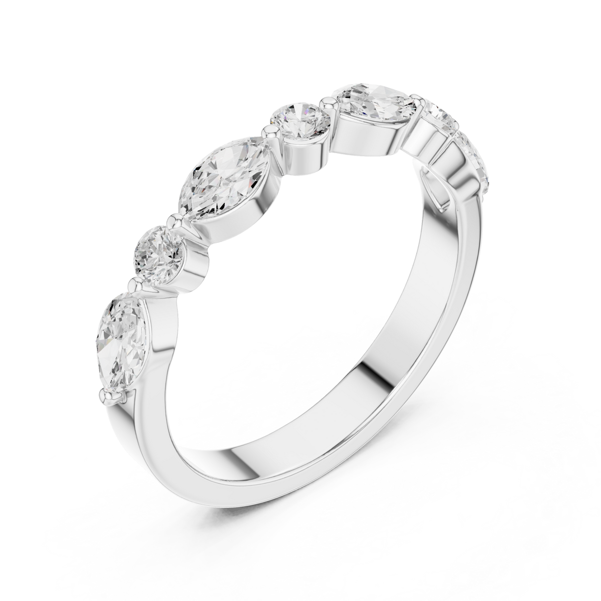 Alternating marquise and round east-west band white gold front view