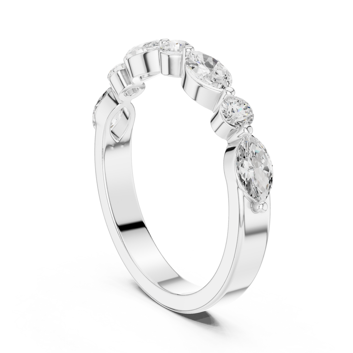 Alternating marquise and round east-west band white gold side view