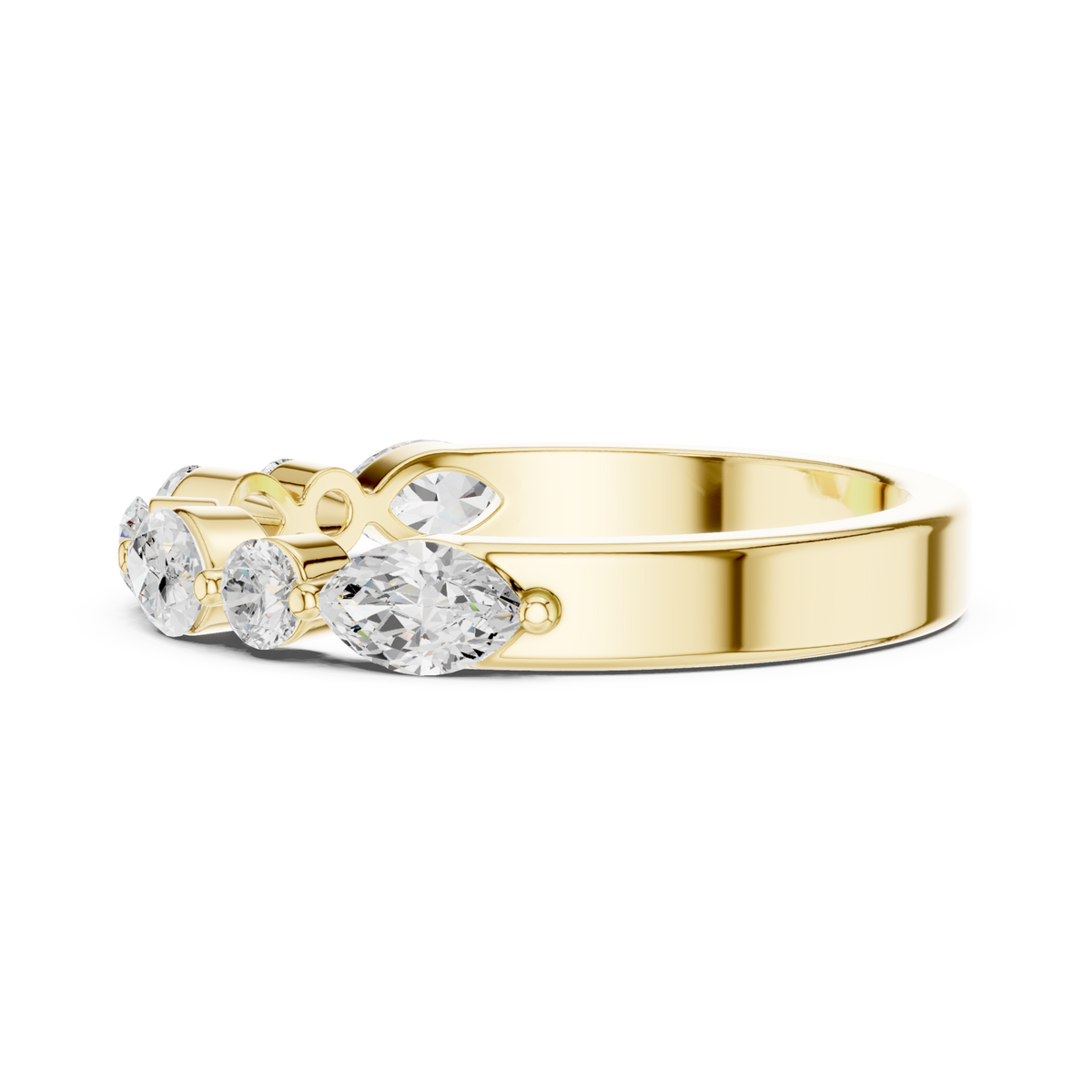 Alternating marquise and round east-west band yellow gold angle view