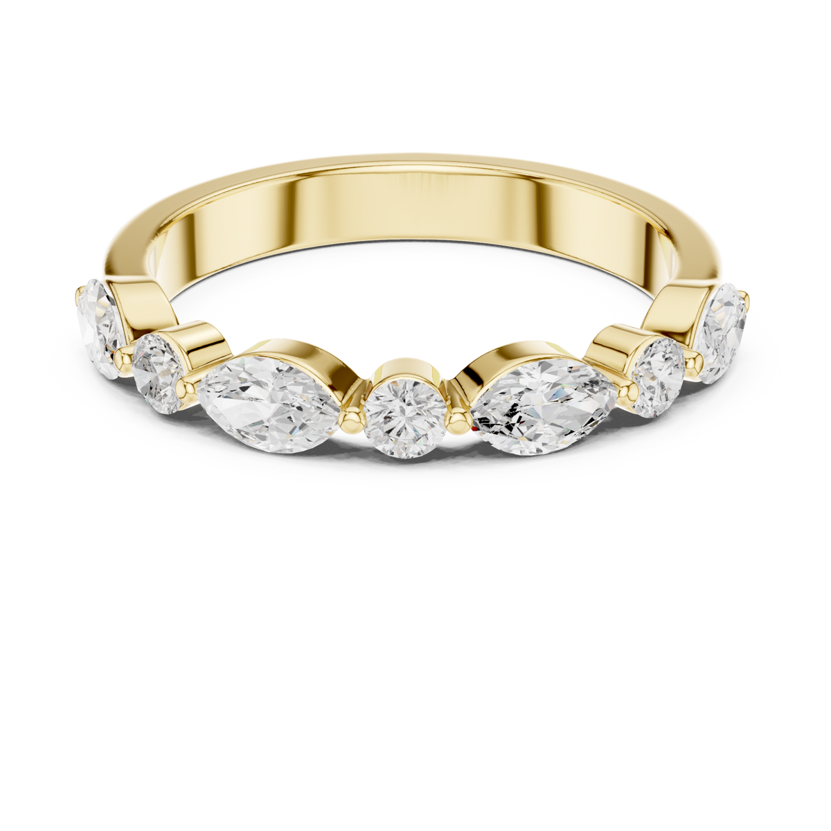 Alternating marquise and round east-west band yellow gold detail view