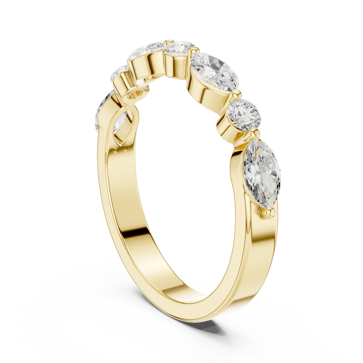 Alternating marquise and round east-west band yellow gold side view