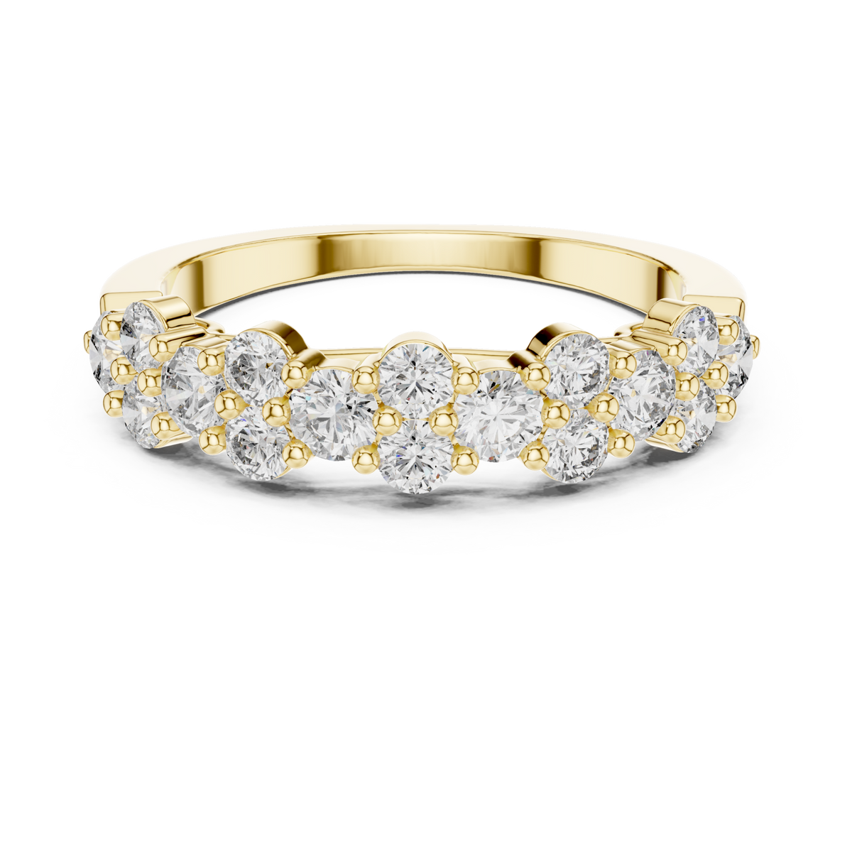 Alternating round cluster half band yellow gold detail view