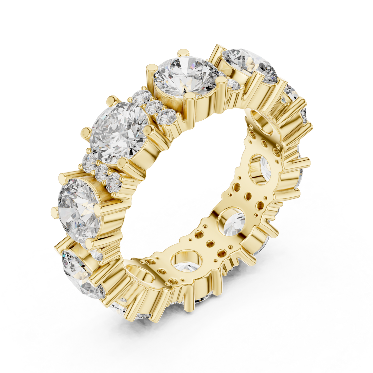 Alternating size round eternity band yellow gold front view