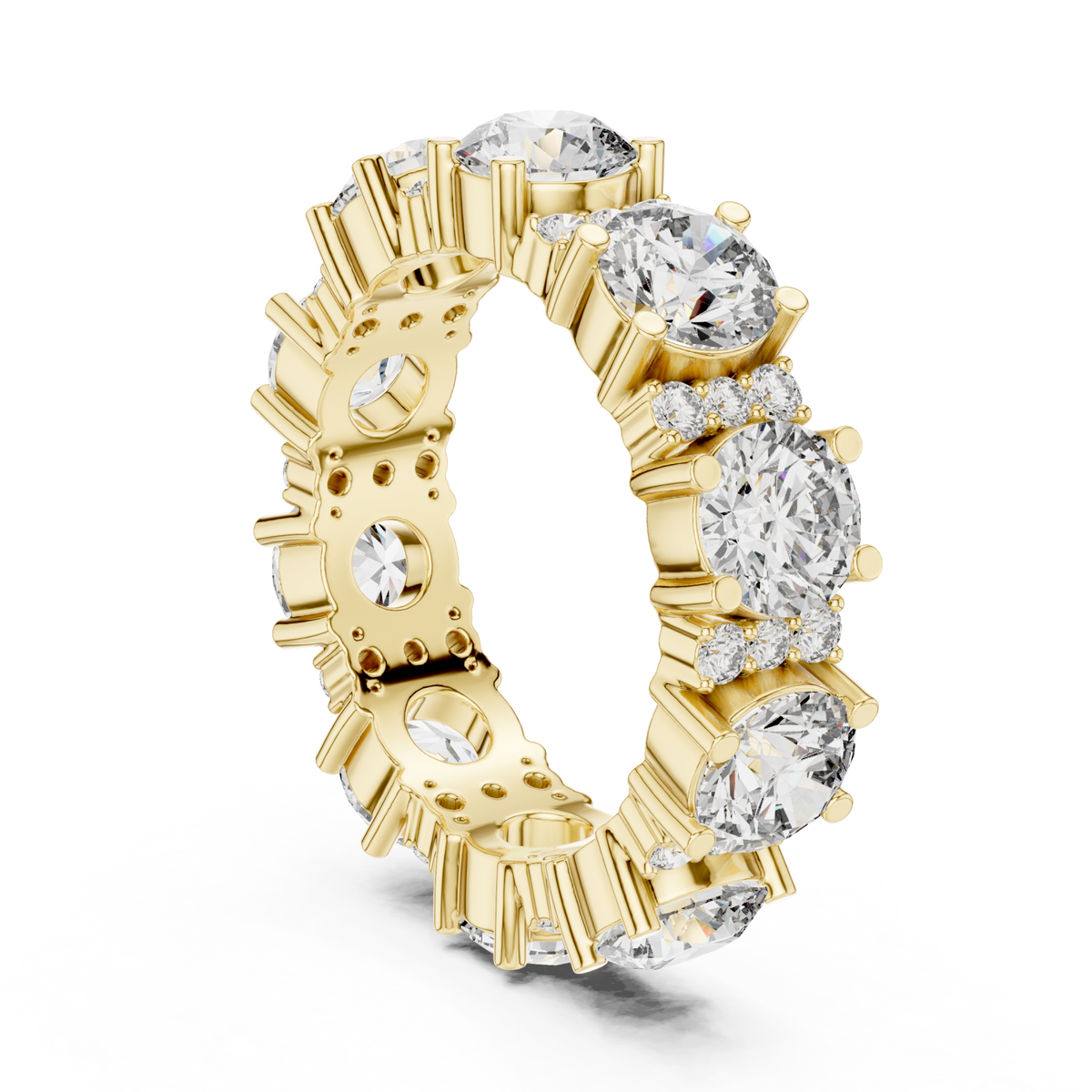 Alternating size round eternity band yellow gold side view
