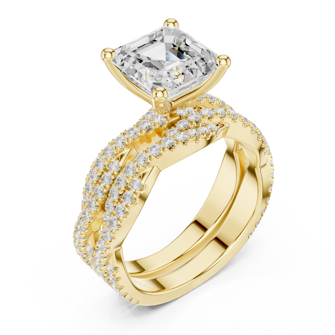 Asscher-cut twisted pave solitaire bridal set yellow gold front view