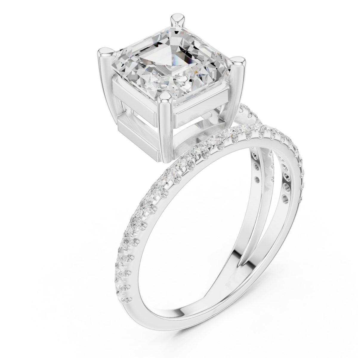 Asscher asymmetric crossover pave ring white gold angle view