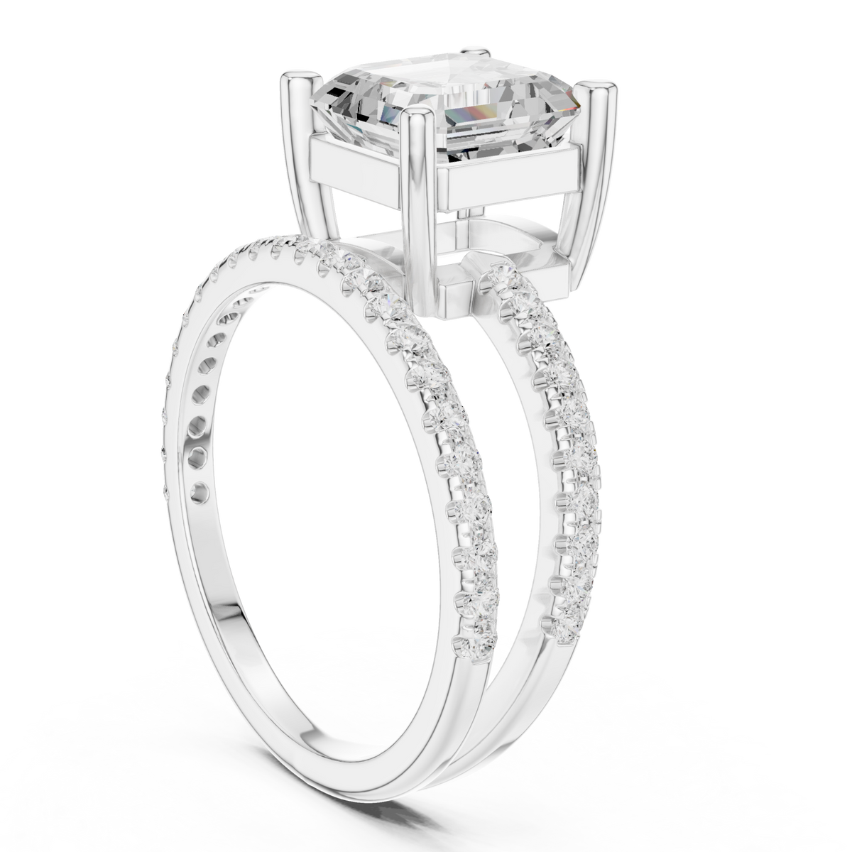 Asscher asymmetric crossover pave ring white gold front view