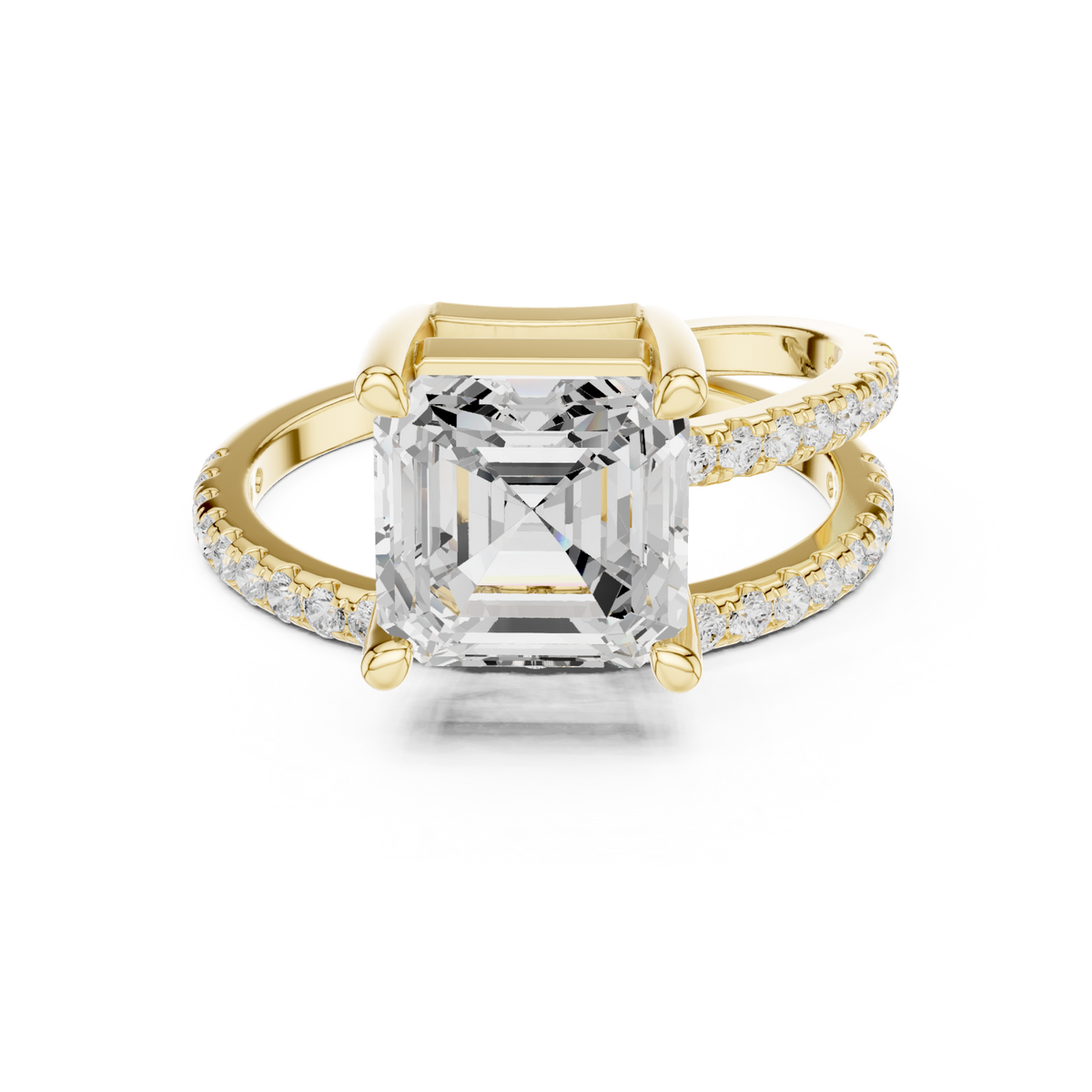 Asscher asymmetric crossover pave ring yellow gold detail view