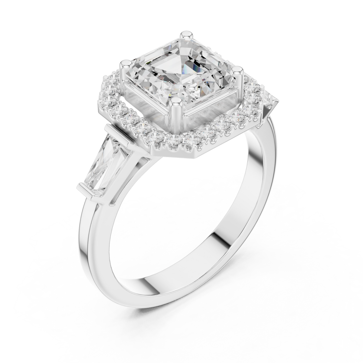 Asscher baguette shoulder halo engagement ring white gold angle view