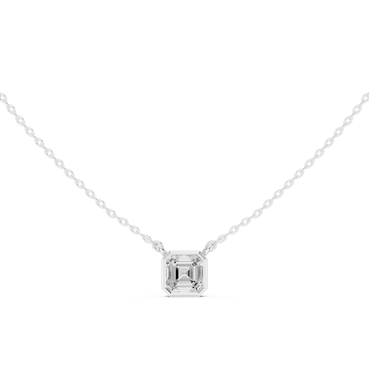 Asscher bezel solitaire pendant white gold detail view