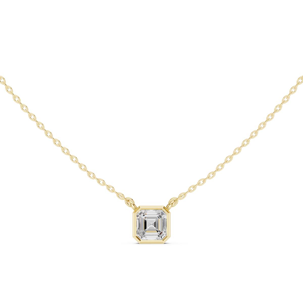 Asscher bezel solitaire pendant yellow gold detail view