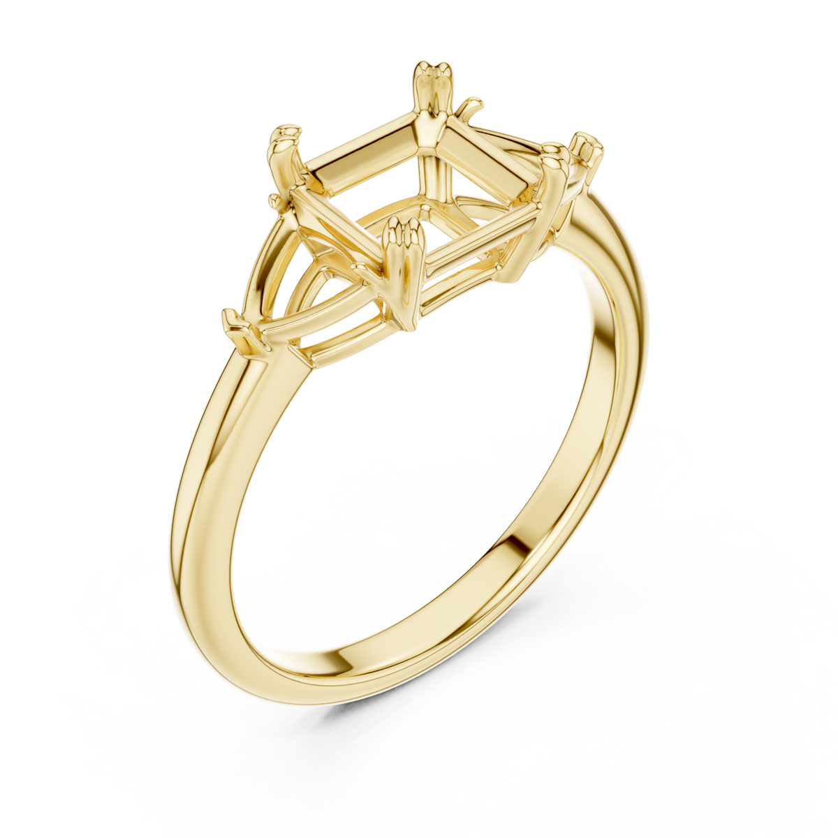 Asscher bold trillion three stone engagement ring yellow gold angle view