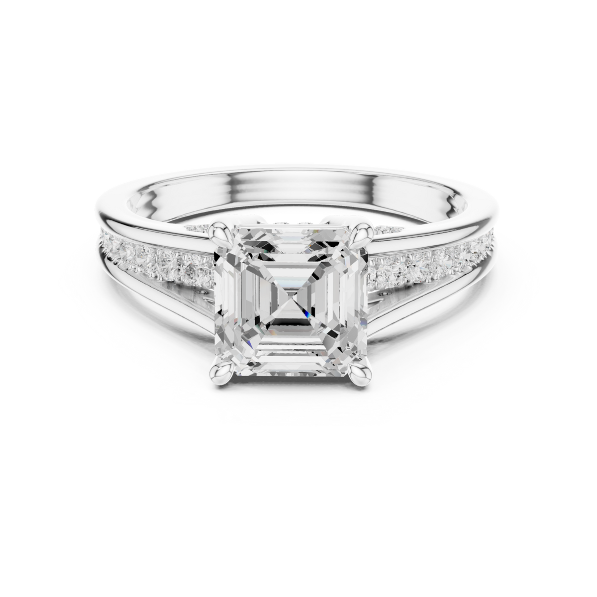 Asscher channel shoulder cathedral ring white gold detail view