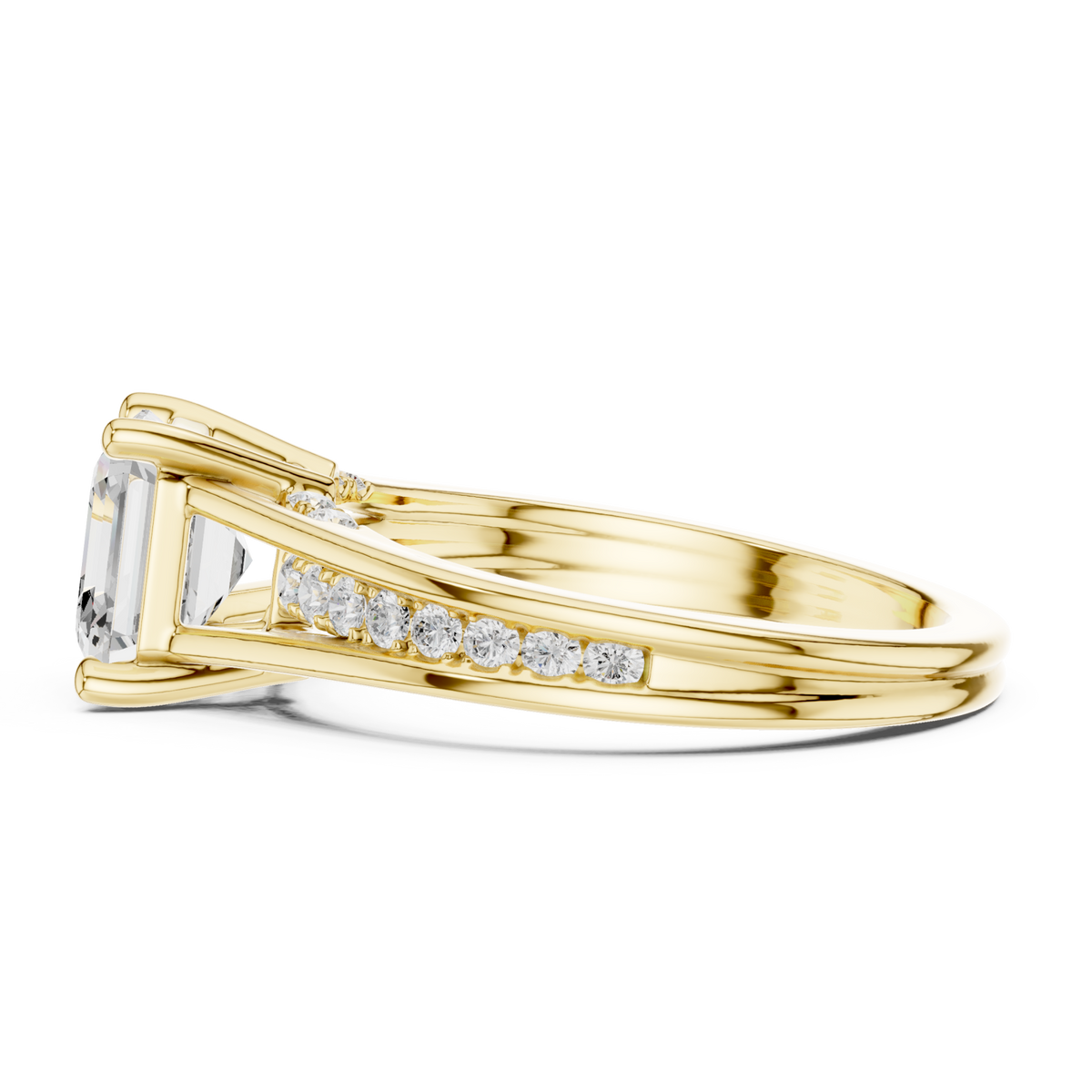 Asscher channel shoulder cathedral ring yellow gold angle view