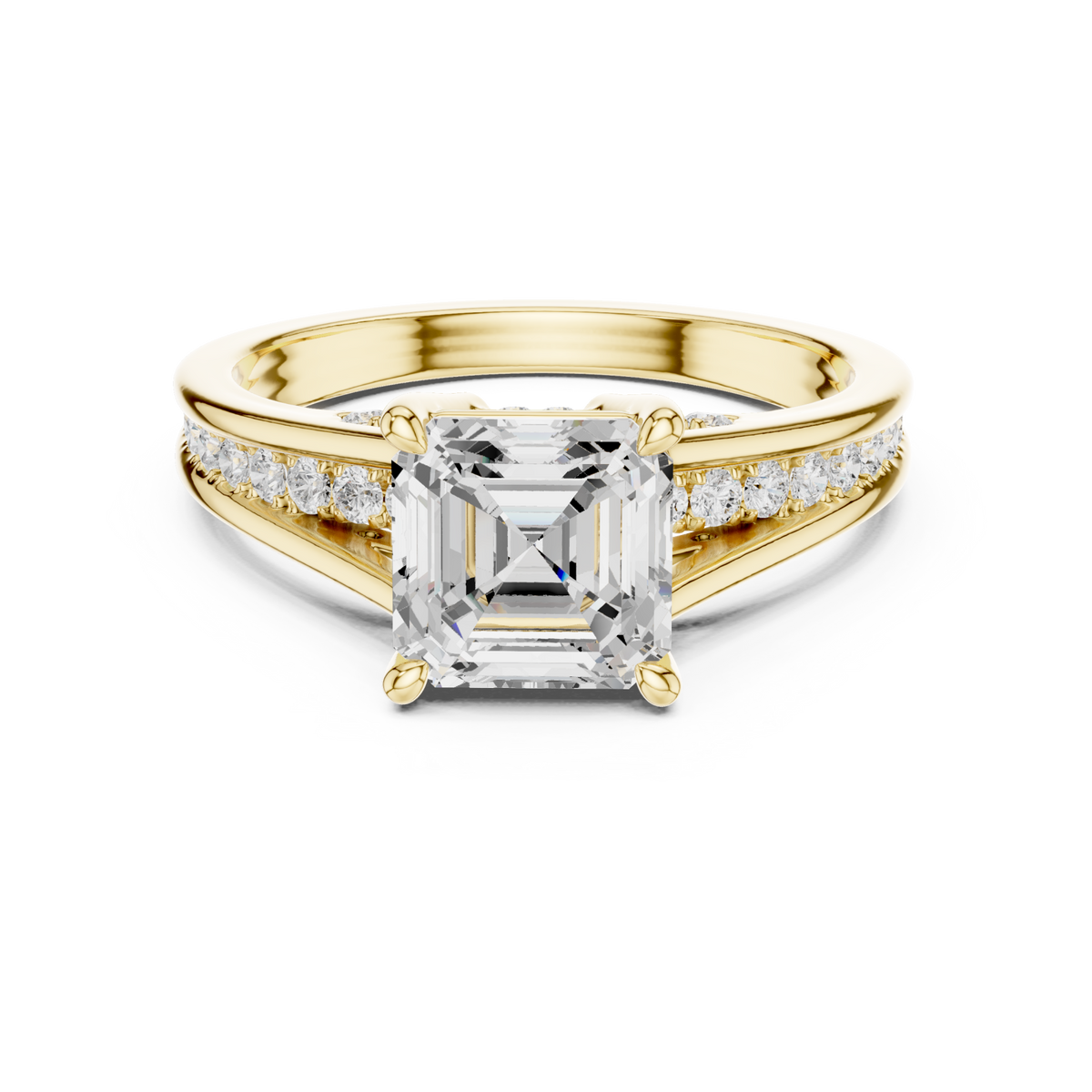 Asscher channel shoulder cathedral ring yellow gold detail view