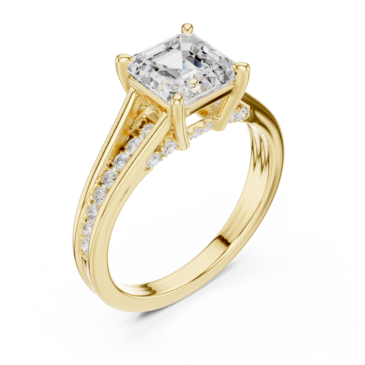 Asscher channel shoulder cathedral ring yellow gold front view
