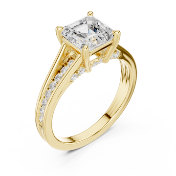 Asscher channel shoulder cathedral ring yellow gold front view