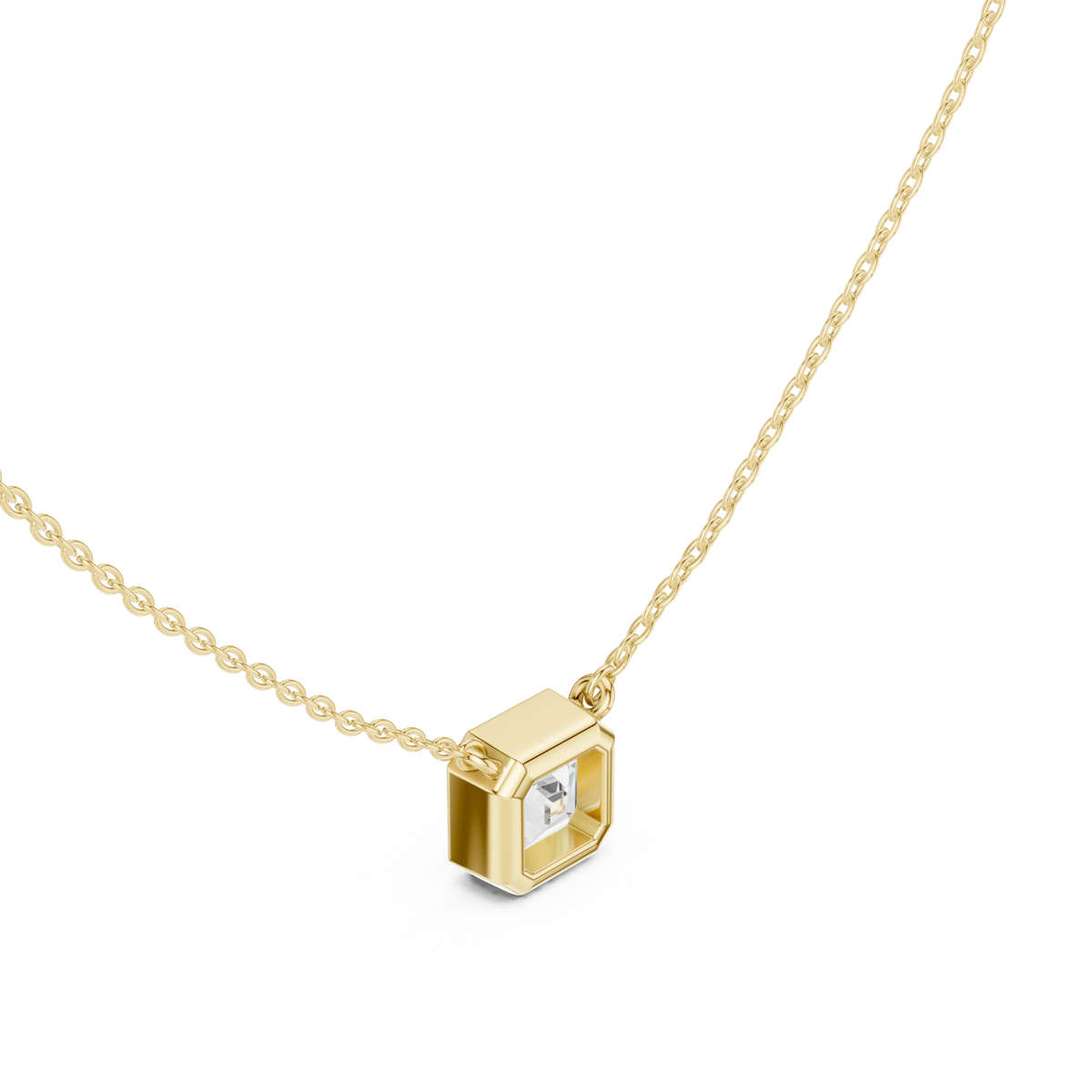 Asscher classic bezel solitaire pendant yellow gold angle view