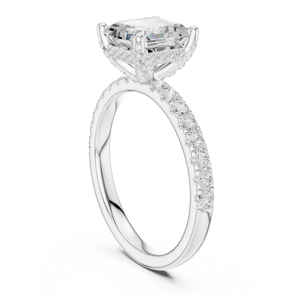 Asscher compass hidden halo pave engagement ring white gold front view