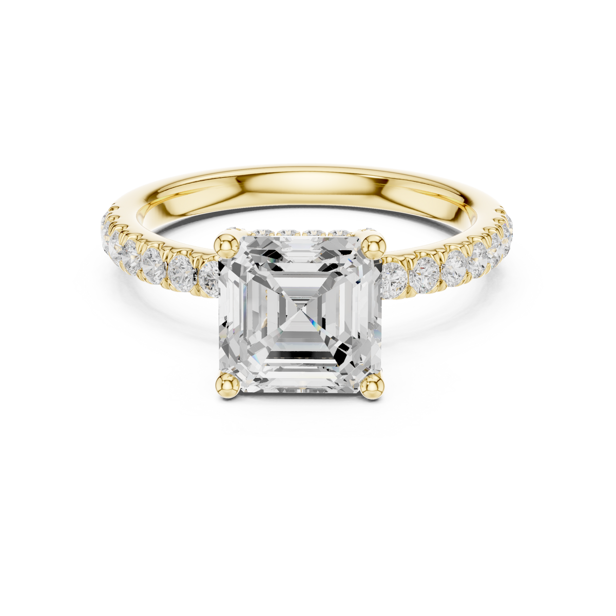 Asscher compass hidden halo pave engagement ring yellow gold detail view