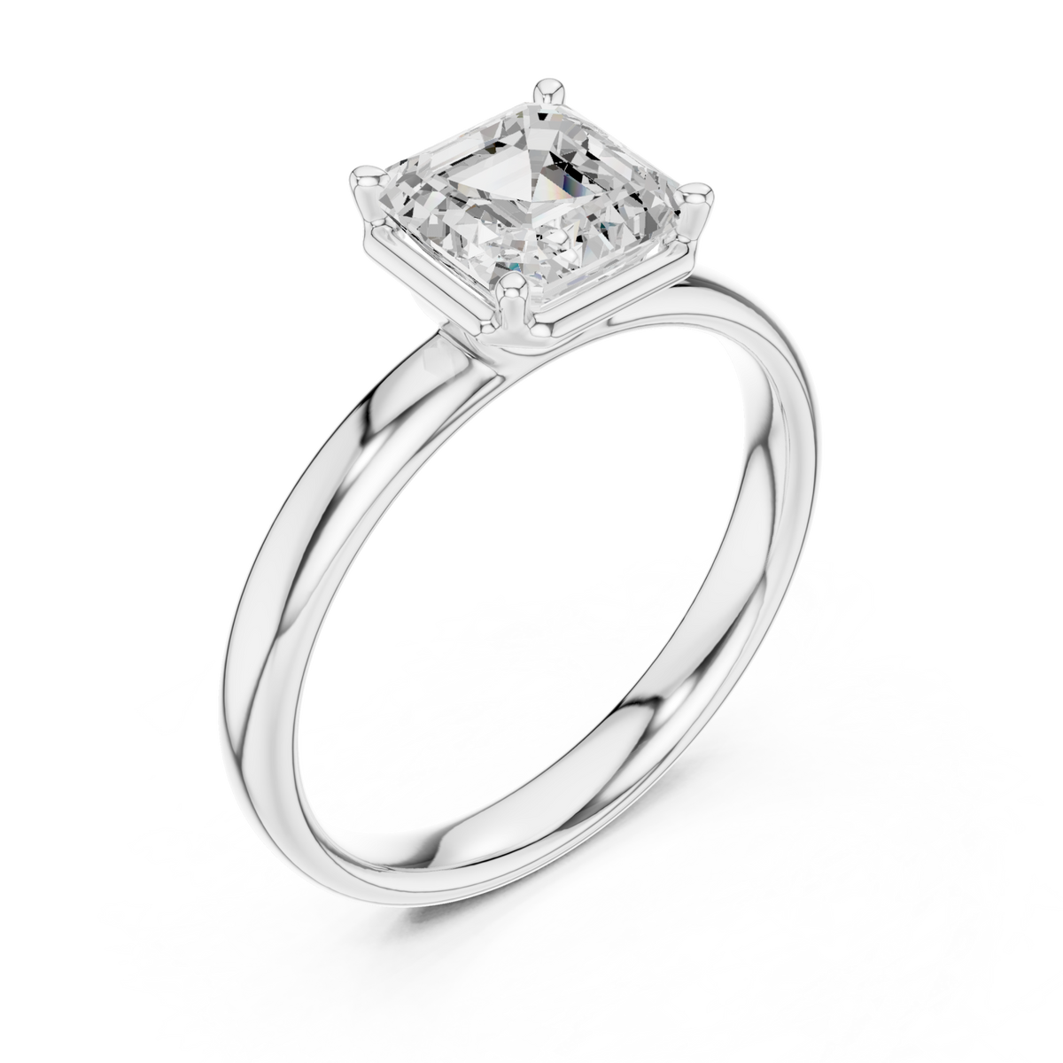 Asscher compass point solitaire engagement ring white gold angle view