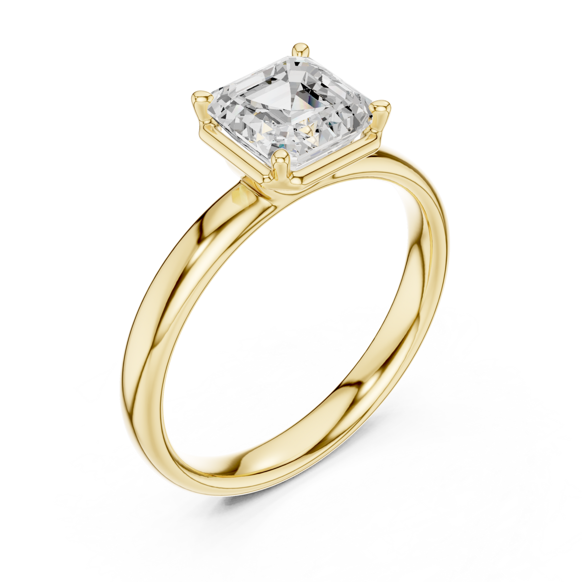 Asscher compass point solitaire engagement ring yellow gold angle view