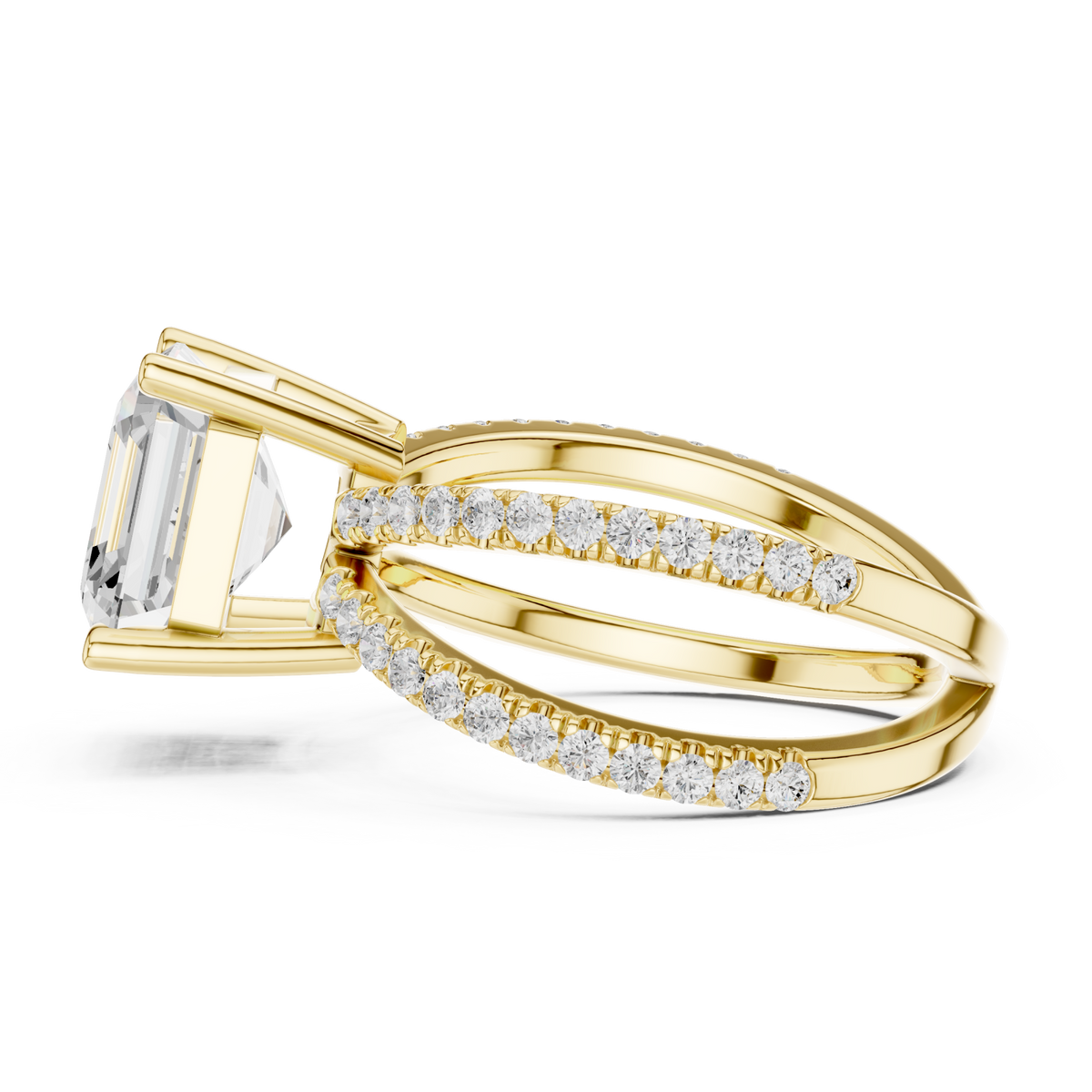 Asscher crossover pave engagement ring yellow gold side view