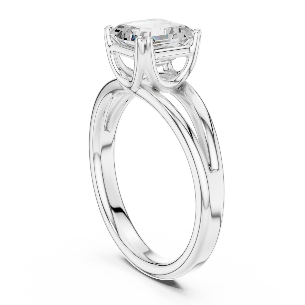 Asscher crossover split shank solitaire engagement ring white gold front view