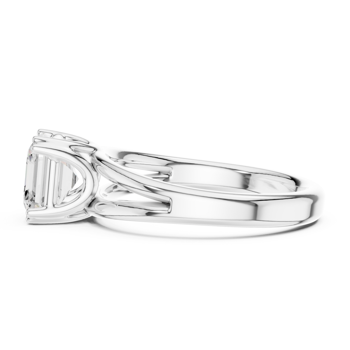 Asscher crossover split shank solitaire engagement ring white gold side view