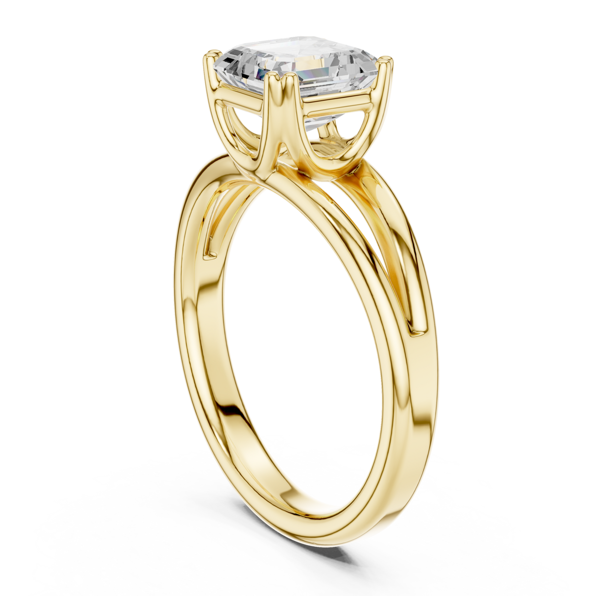 Asscher crossover split shank solitaire engagement ring yellow gold front view