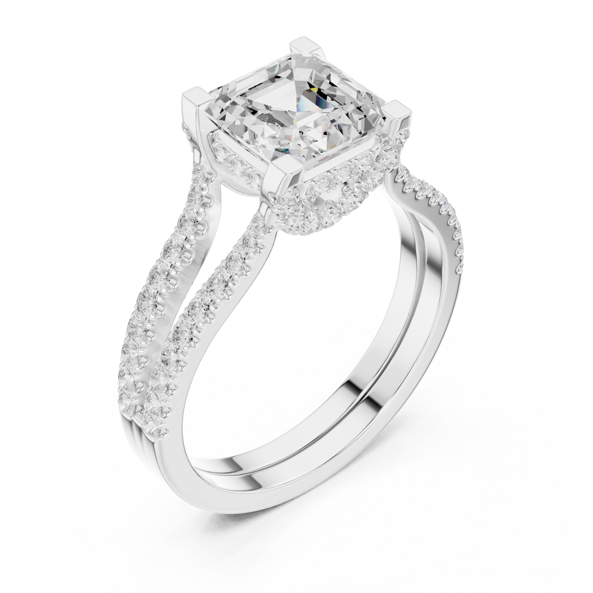 Asscher curved split shank pave engagement ring white gold angle view