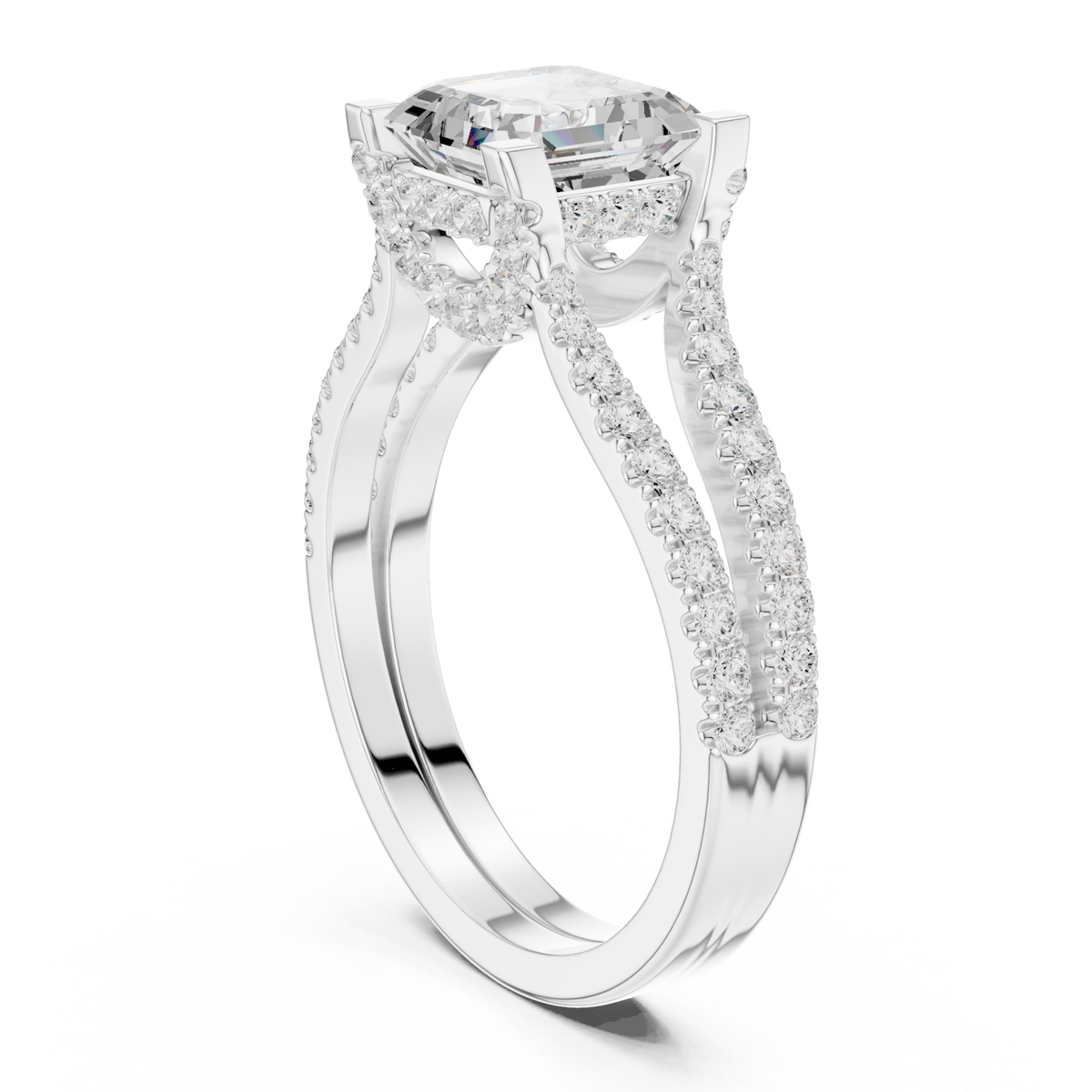 Asscher curved split shank pave engagement ring white gold front view
