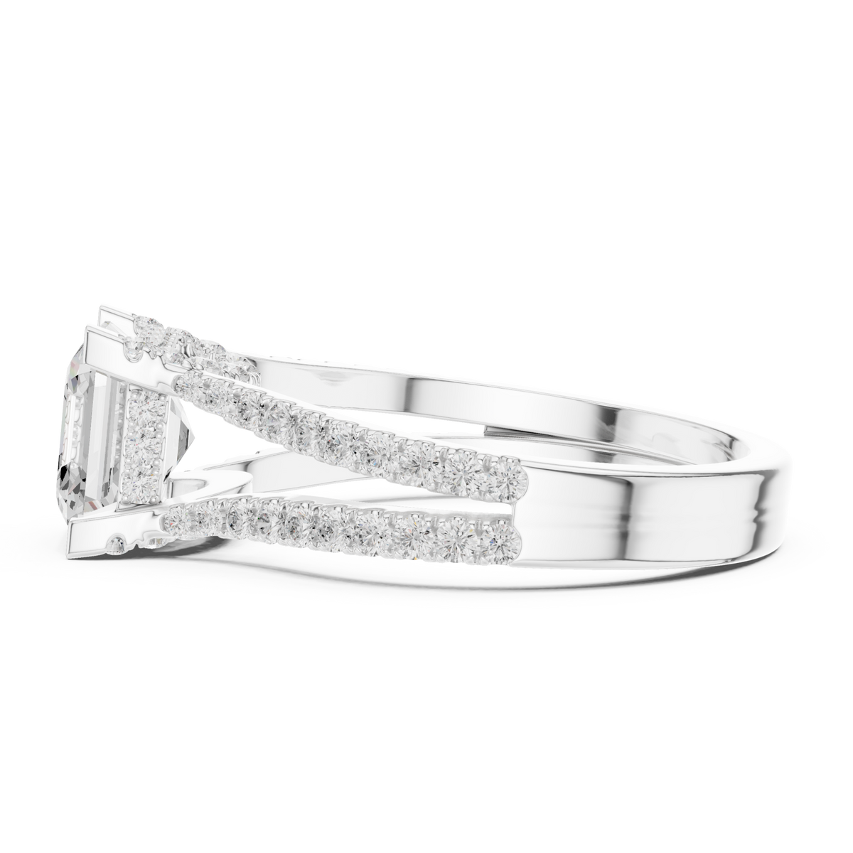 Asscher curved split shank pave engagement ring white gold side view