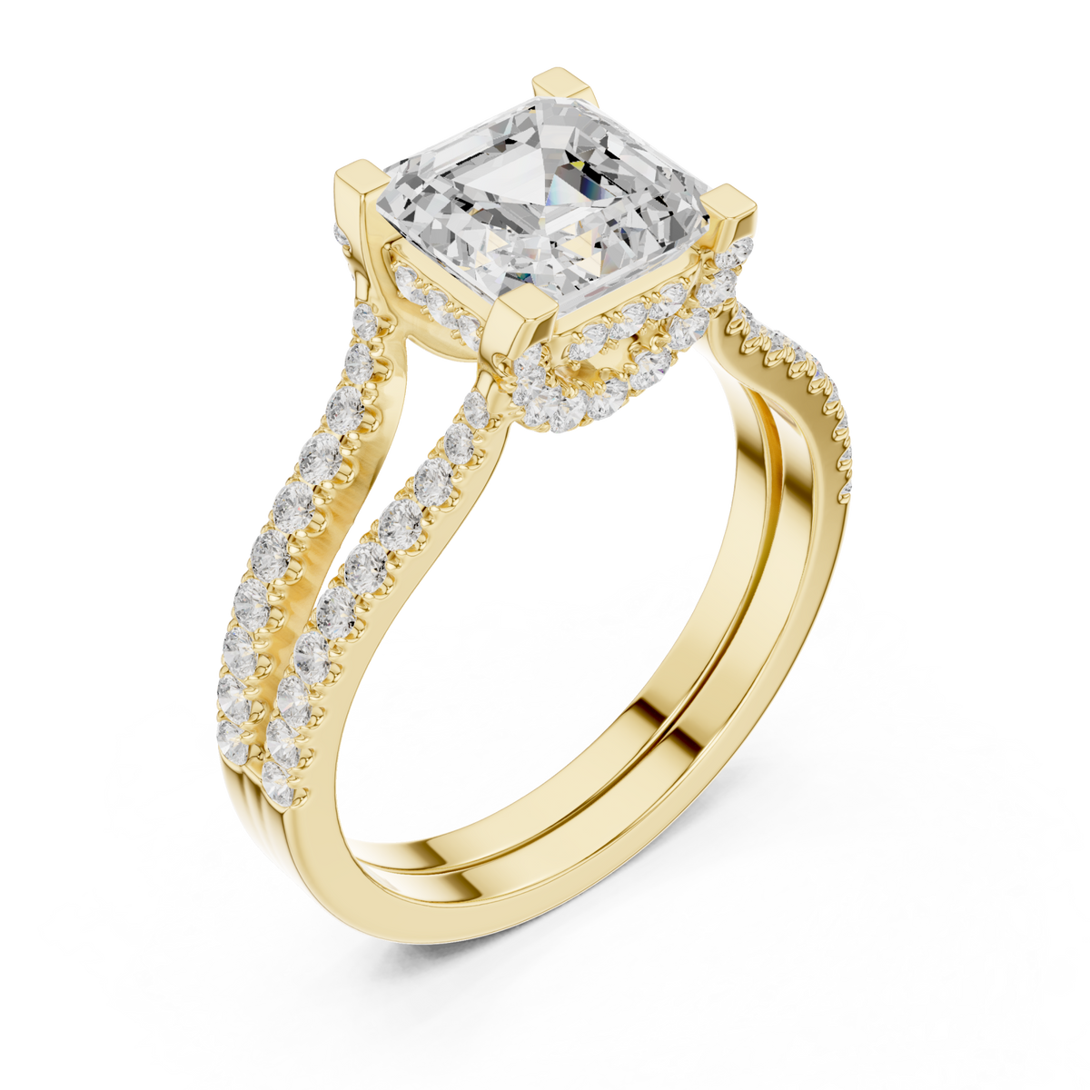 Asscher curved split shank pave engagement ring yellow gold angle view