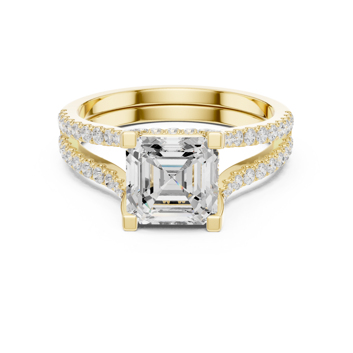 Asscher curved split shank pave engagement ring yellow gold detail view