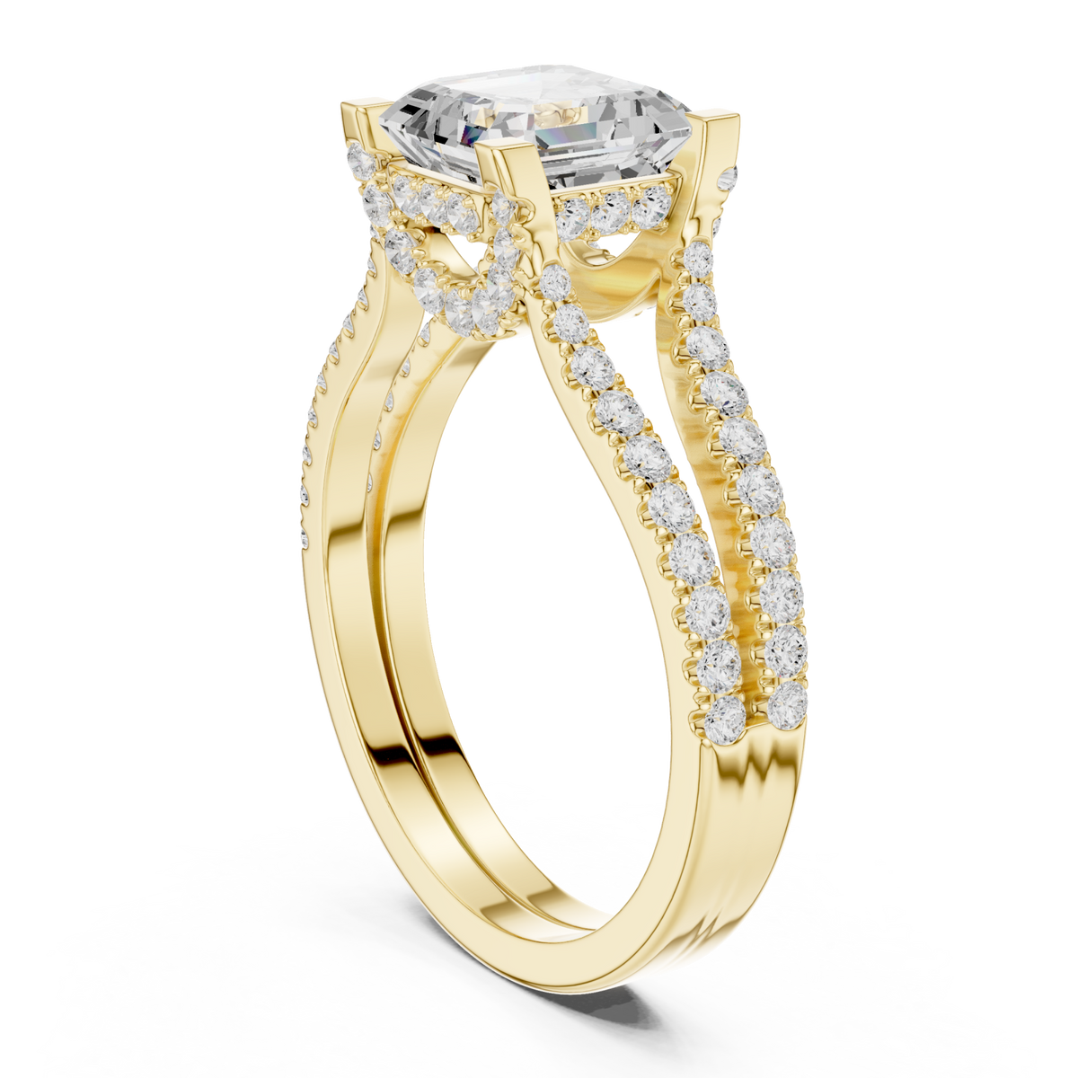 Asscher curved split shank pave engagement ring yellow gold front view