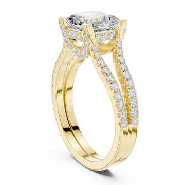 Asscher curved split shank pave engagement ring yellow gold front view