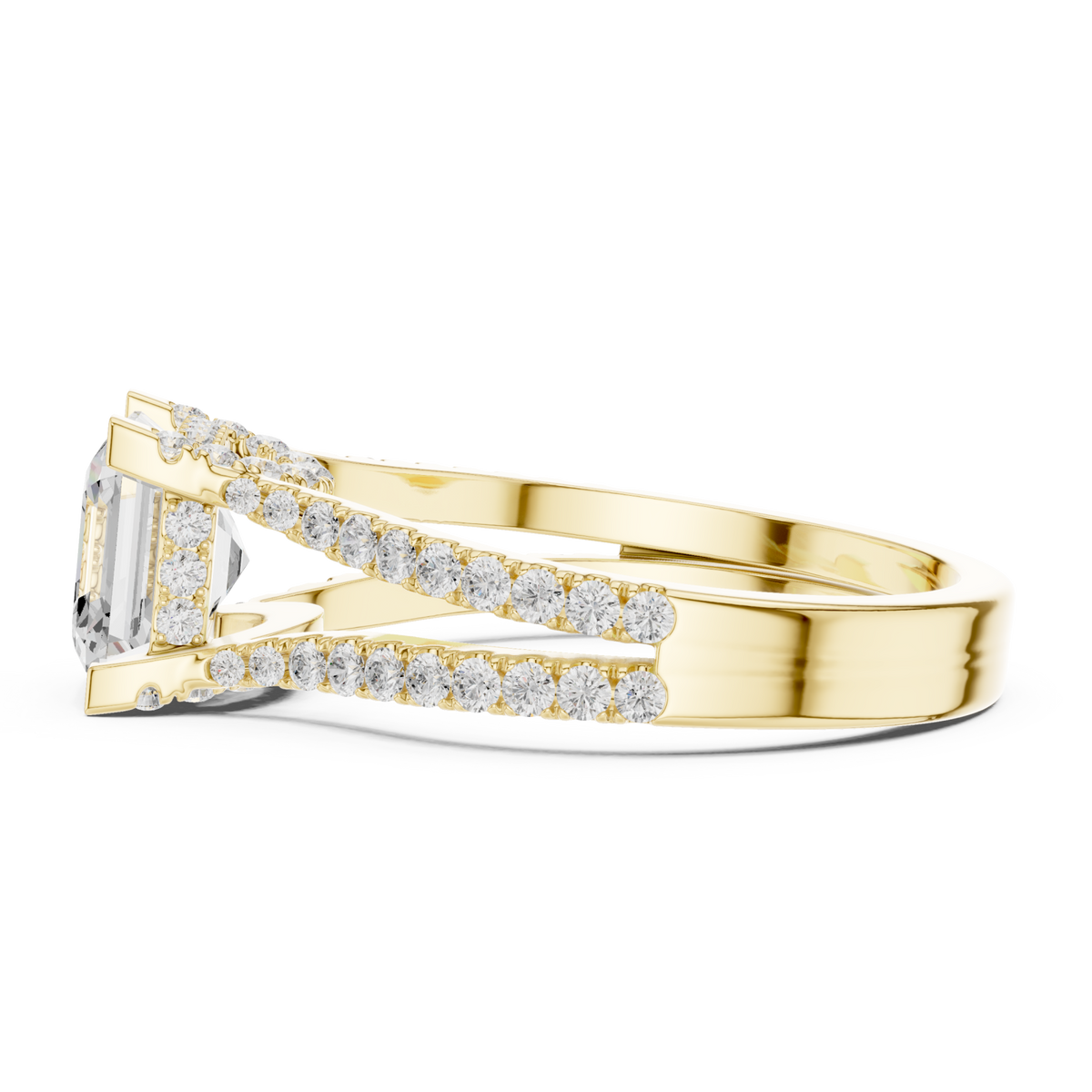 Asscher curved split shank pave engagement ring yellow gold side view
