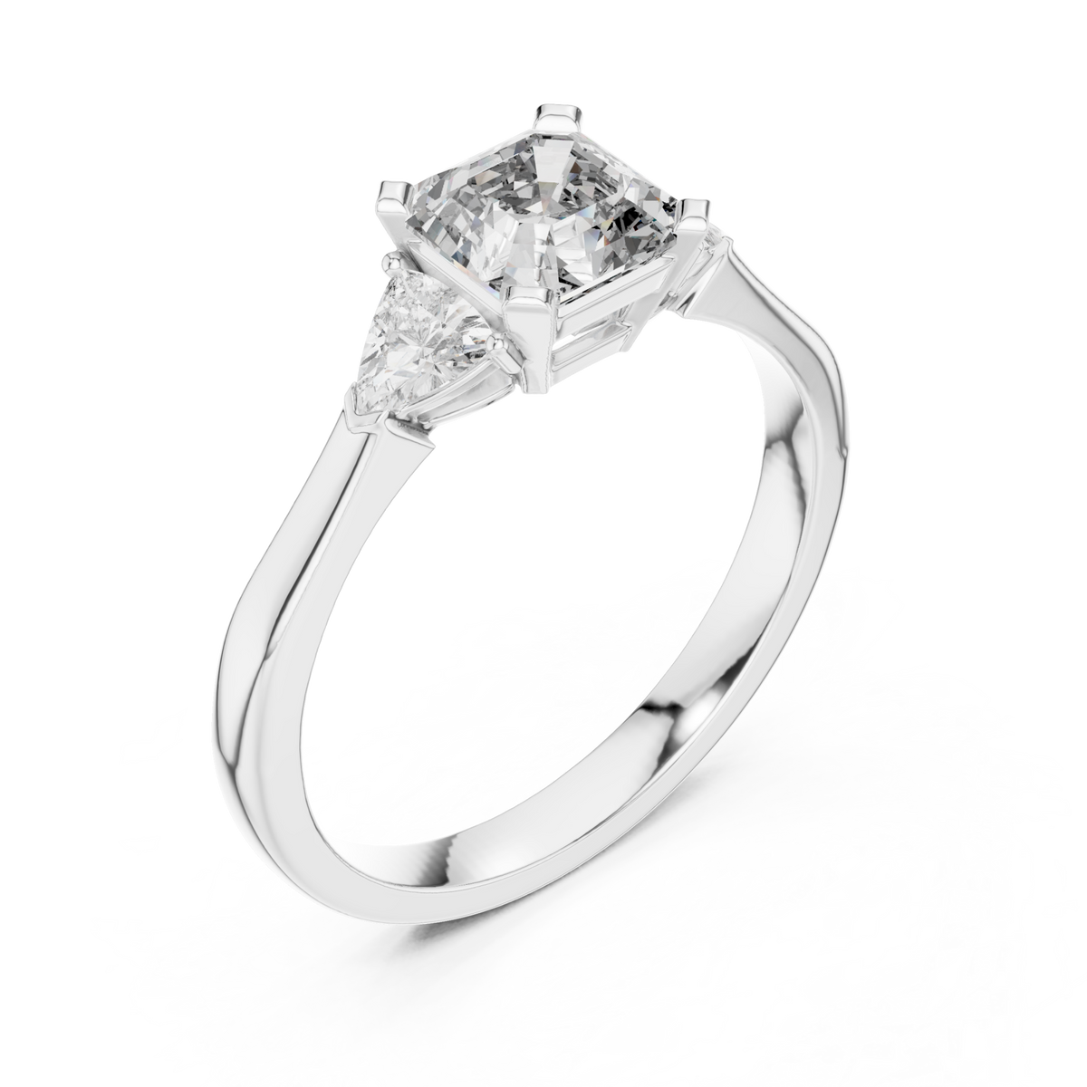 Asscher cut three stone trillion ring white gold front view