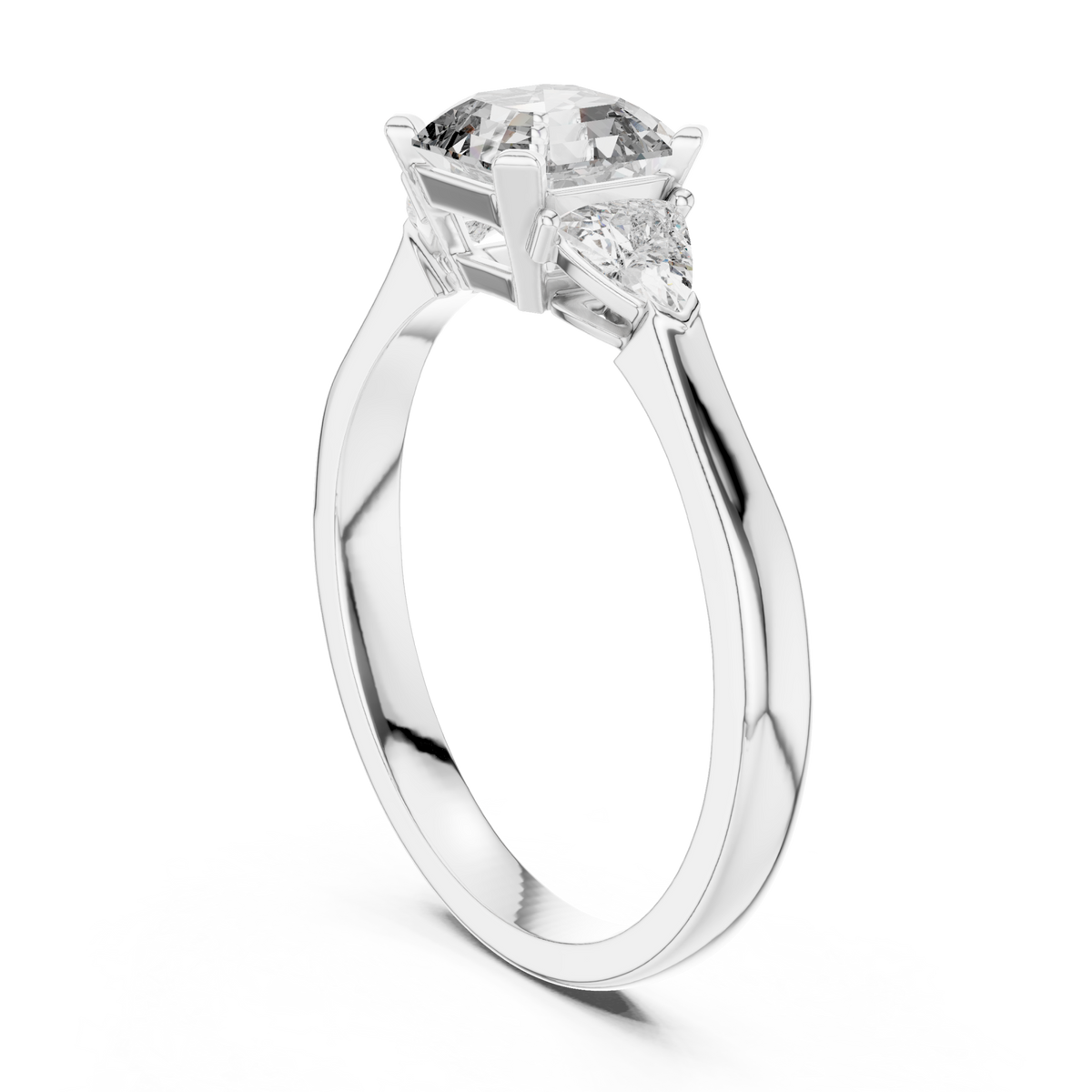 Asscher cut three stone trillion ring white gold side view