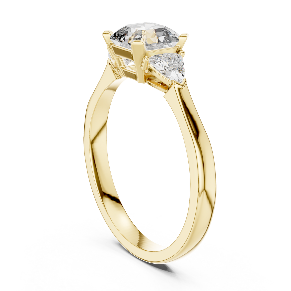 Asscher cut three stone trillion ring yellow gold side view