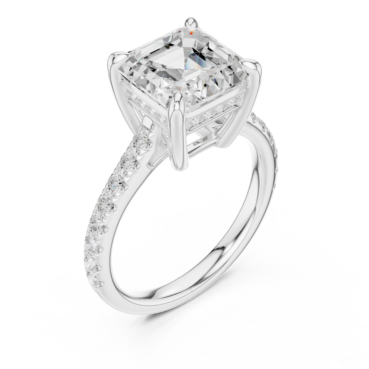 Asscher double-prong pave engagement ring white gold angle view