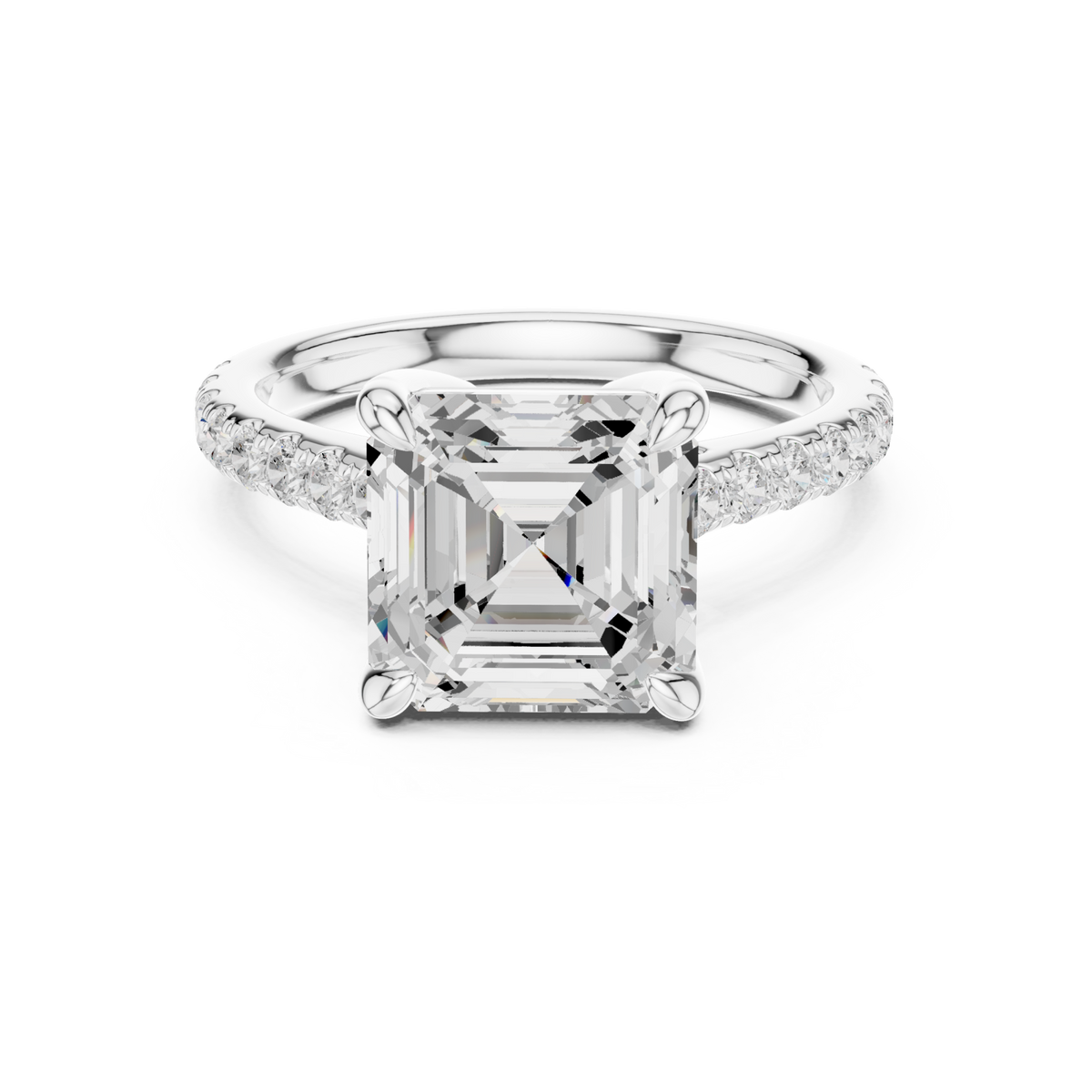 Asscher double-prong pave engagement ring white gold detail view