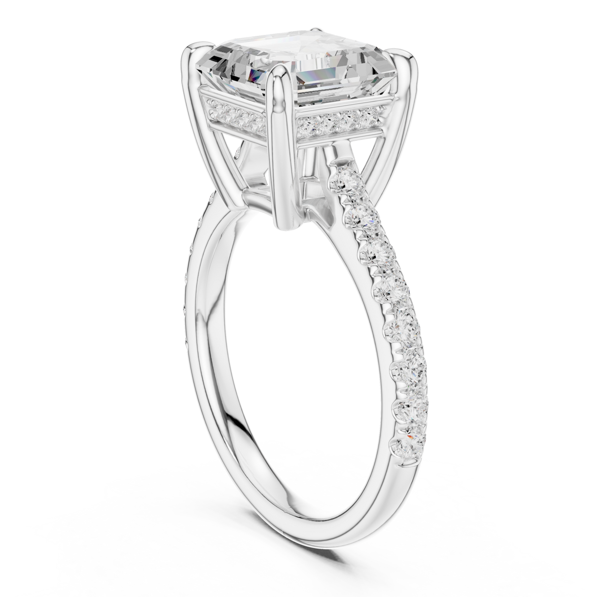 Asscher double-prong pave engagement ring white gold front view