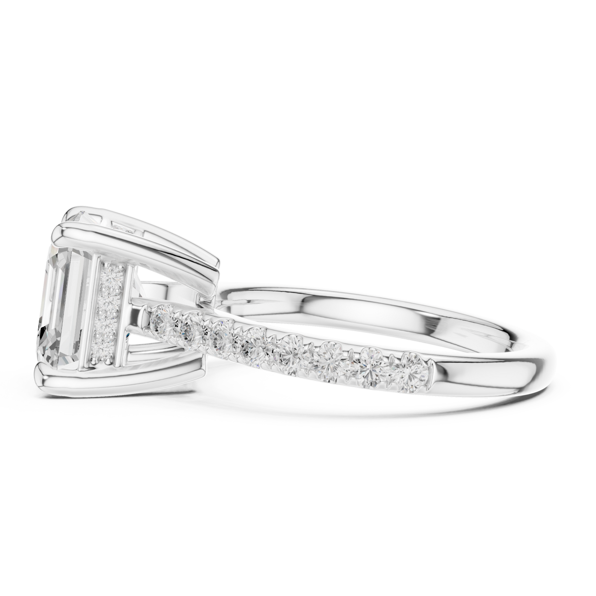 Asscher double-prong pave engagement ring white gold side view