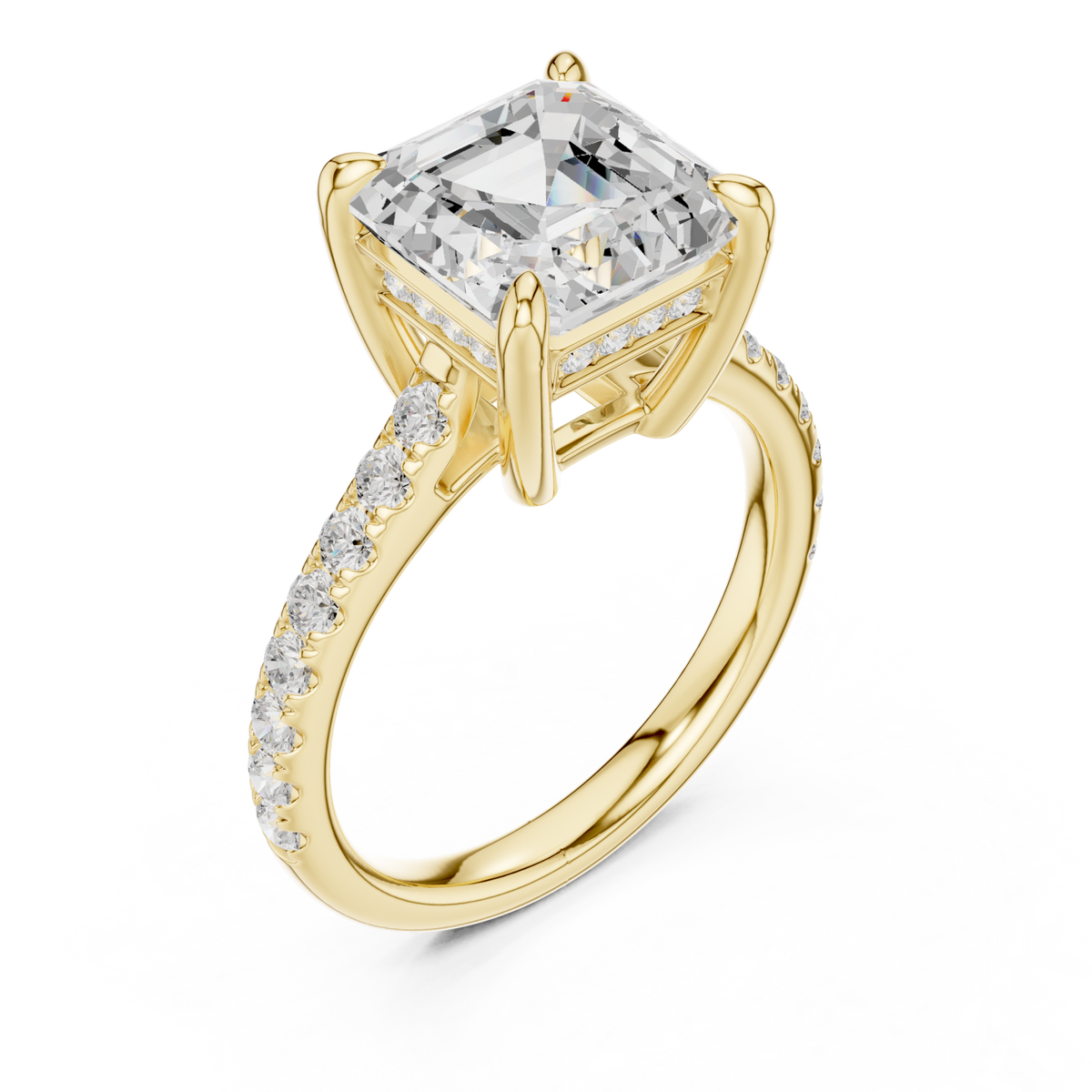 Asscher double-prong pave engagement ring yellow gold angle view